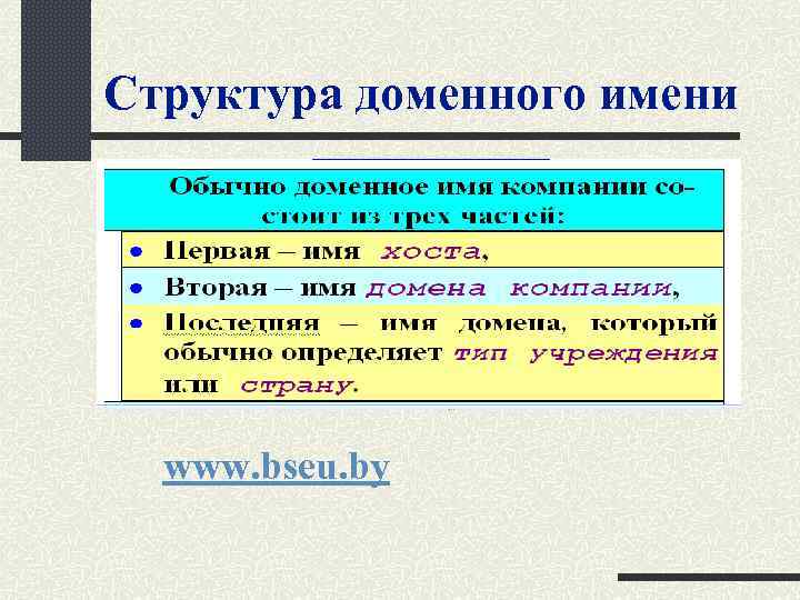 Структура доменного имени www. bseu. by 