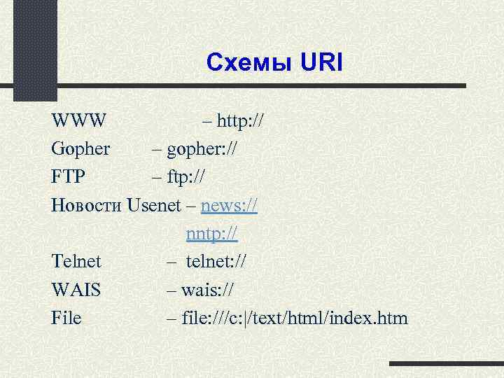 Схемы URI WWW – http: // Gopher – gopher: // FTP – ftp: //