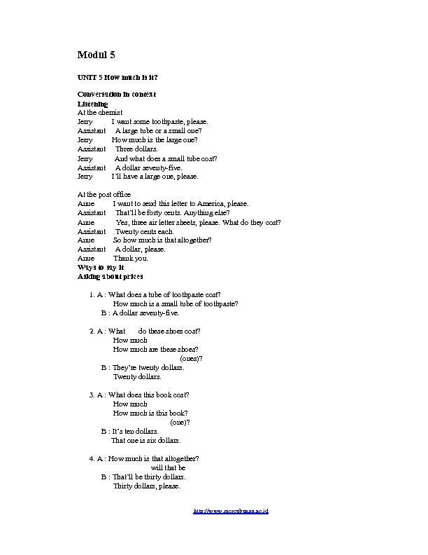 Modul 5 UNIT 5 How much is it? Conversation in context Listening At the
