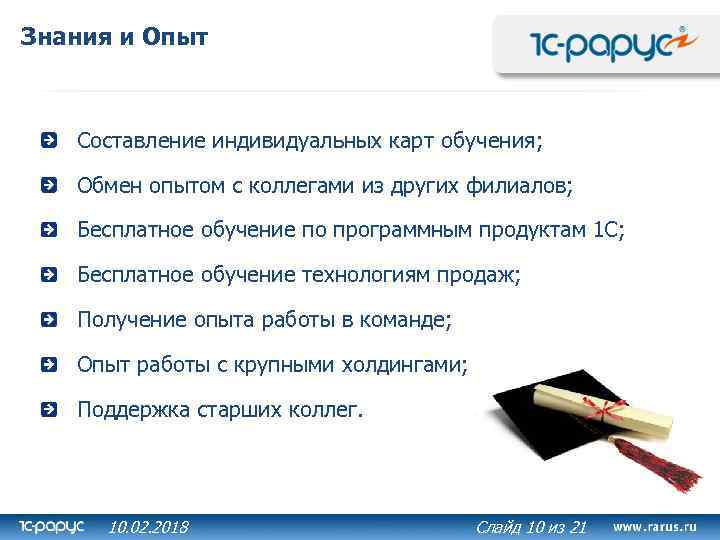 Знания и Опыт Составление индивидуальных карт обучения; Обмен опытом с коллегами из других филиалов;