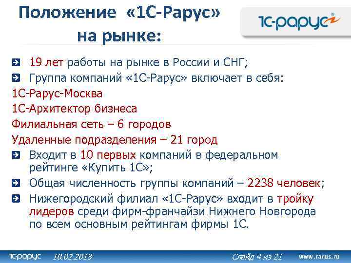 Положение « 1 С-Рарус» на рынке: 19 лет работы на рынке в России и