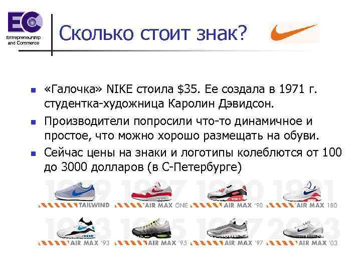 Entrepreneurship and Commerce n n n Сколько стоит знак? «Галочка» NIKE стоила $35. Ее
