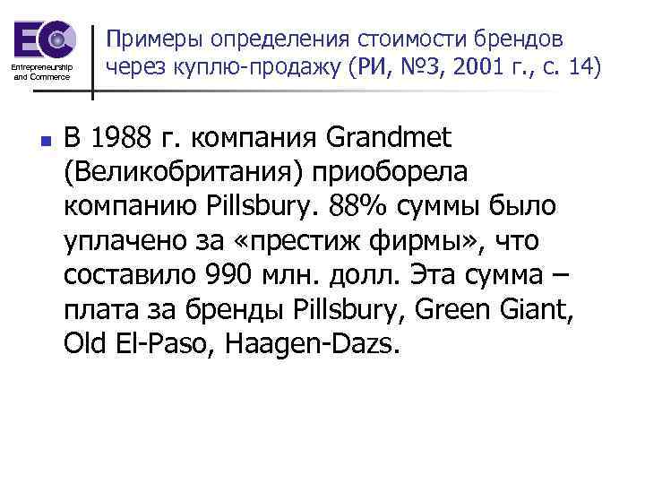 Entrepreneurship and Commerce n Примеры определения стоимости брендов через куплю-продажу (РИ, № 3, 2001