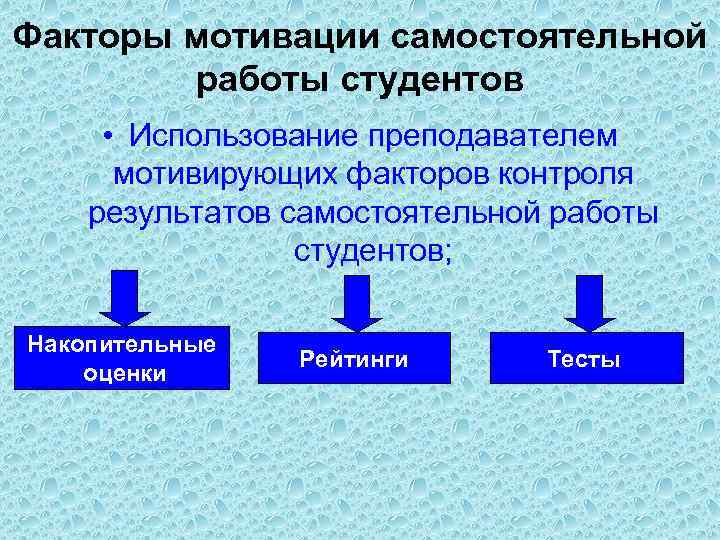 Факторы мотивации самостоятельной работы студентов • Использование преподавателем мотивирующих факторов контроля результатов самостоятельной работы