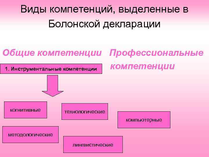 Виды компетенций, выделенные в Болонской декларации Общие компетенции Профессиональные компетенции 1. Инструментальные компетенции когнитивные