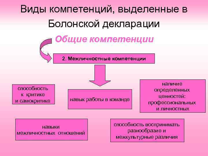 Виды компетенций, выделенные в Болонской декларации Общие компетенции 2. Межличностные компетенции способность к критике