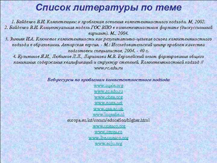 Список литературы по теме 1. Байденко В. И. Компетенции: к проблемам освоения компетентностного подхода.