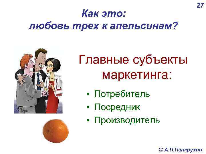 Как это: любовь трех к апельсинам? 27 Главные субъекты маркетинга: • Потребитель • Посредник