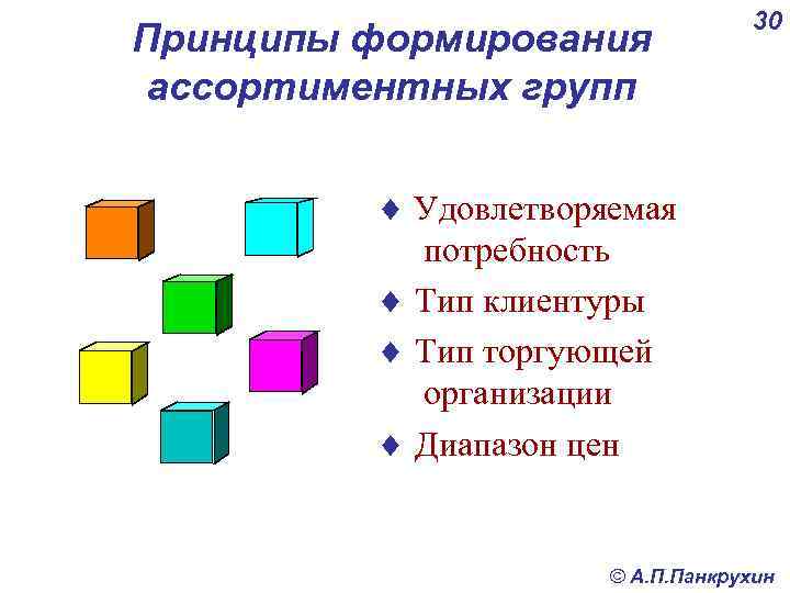 Принципы формирования ассортиментных групп 30 ¨ Удовлетворяемая потребность ¨ Тип клиентуры ¨ Тип торгующей