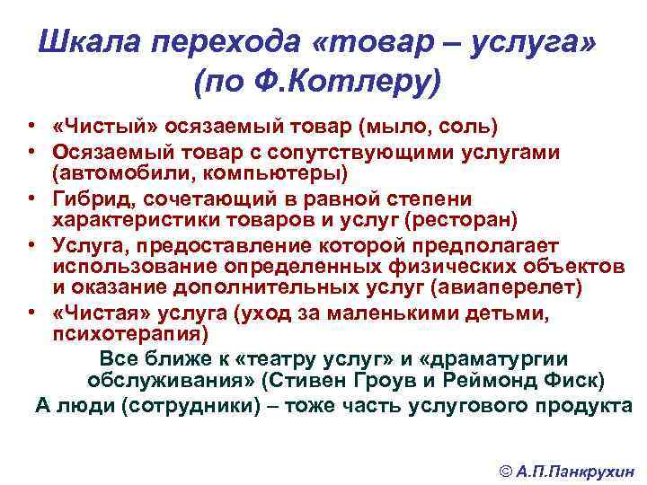 Шкала перехода «товар – услуга» (по Ф. Котлеру) • «Чистый» осязаемый товар (мыло, соль)