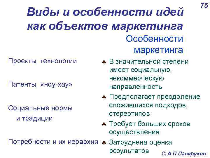 Виды и особенности идей как объектов маркетинга 75 Особенности маркетинга ª В значительной степени