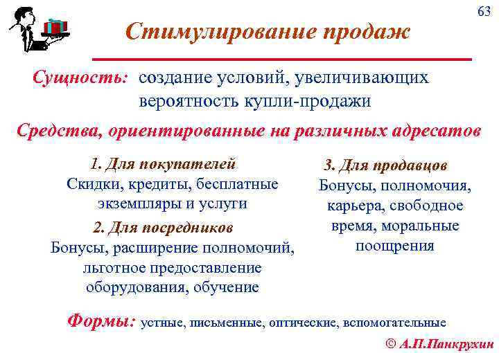 Стимулирование продаж 63 Сущность: создание условий, увеличивающих вероятность купли продажи Средства, ориентированные на различных