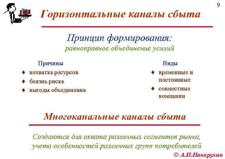 Горизонтальные каналы сбыта 9 Принцип формирования: равноправное объединение усилий Причины ¨ нехватка ресурсов ¨