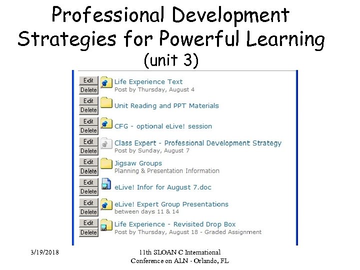 Professional Development Strategies for Powerful Learning (unit 3) 3/19/2018 11 th SLOAN C International