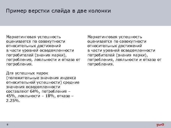 Пример верстки слайда в две колонки Маркетинговая успешность оценивается по совокупности относительных достижений в