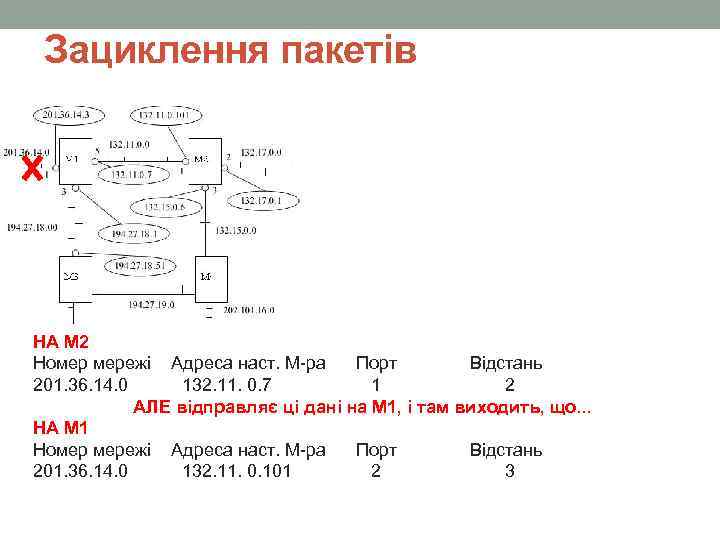 Зациклення пакетів НА М 2 Номер мережі Адреса наст. М-ра Порт Відстань 201. 36.