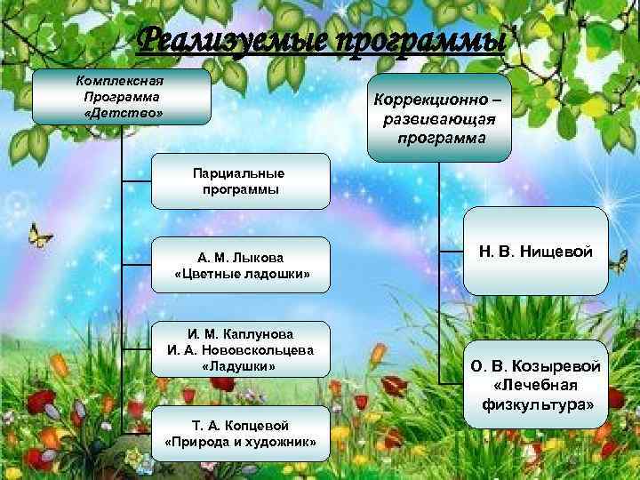 Реализуемые программы Комплексная Программа «Детство» Коррекционно – развивающая программа Парциальные программы А. М. Лыкова