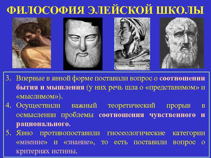 ФИЛОСОФИЯ ЭЛЕЙСКОЙ ШКОЛЫ 3. Впервые в явной форме поставили вопрос о соотношении бытия и