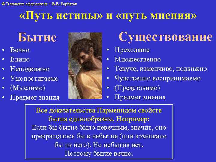 © Элементы оформления – В. В. Горбатов «Путь истины» и «путь мнения» Существование Бытие