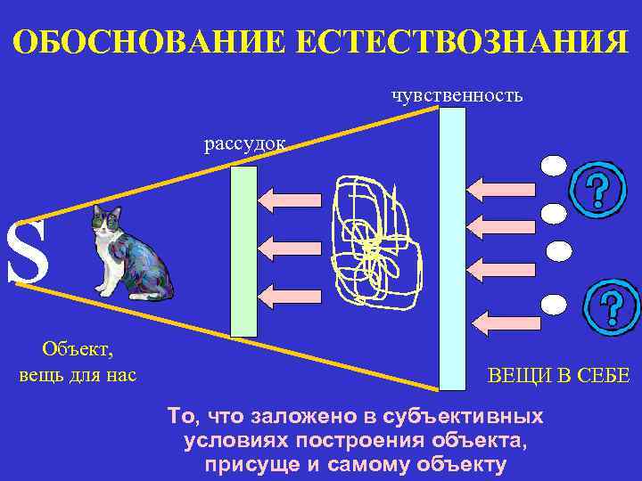 ОБОСНОВАНИЕ ЕСТЕСТВОЗНАНИЯ чувственность рассудок s Объект, вещь для нас ВЕЩИ В СЕБЕ То, что