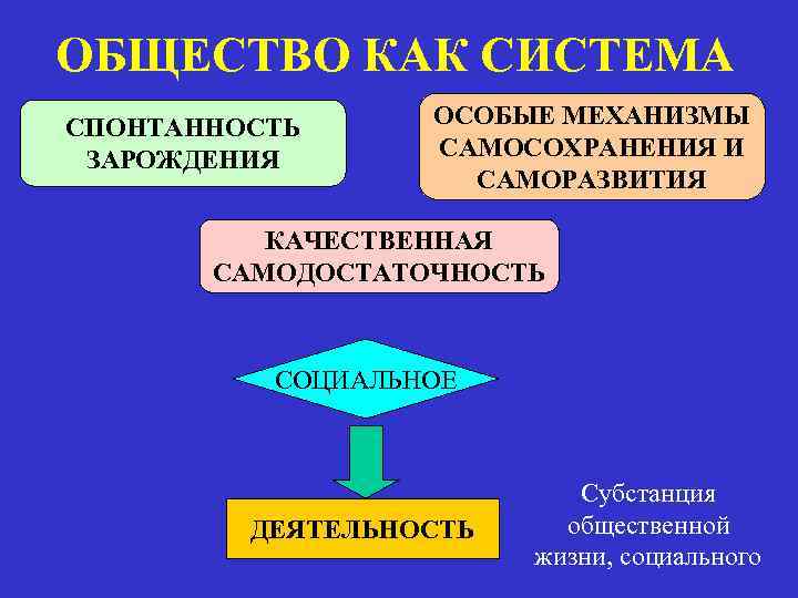 ОБЩЕСТВО КАК СИСТЕМА СПОНТАННОСТЬ ЗАРОЖДЕНИЯ ОСОБЫЕ МЕХАНИЗМЫ САМОСОХРАНЕНИЯ И САМОРАЗВИТИЯ КАЧЕСТВЕННАЯ САМОДОСТАТОЧНОСТЬ СОЦИАЛЬНОЕ ДЕЯТЕЛЬНОСТЬ
