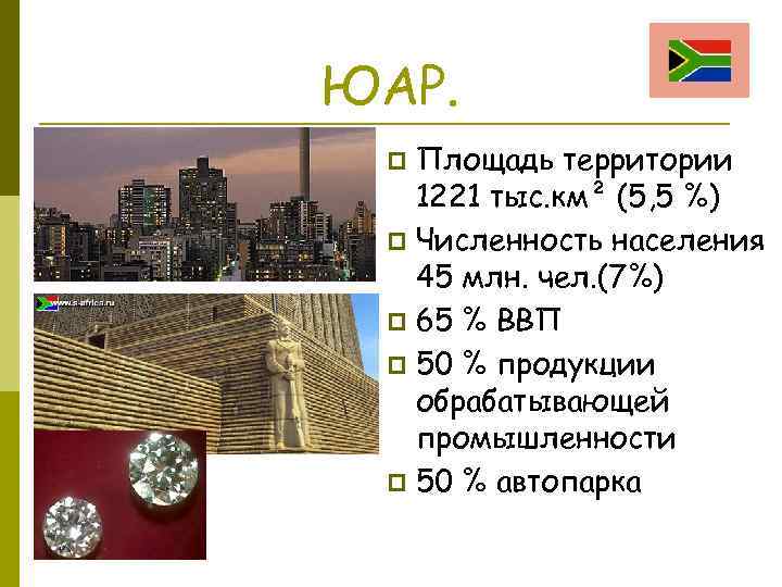 ЮАР. Площадь территории 1221 тыс. км² (5, 5 %) p Численность населения 45 млн.