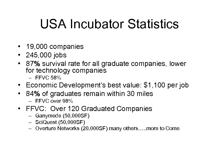 USA Incubator Statistics • 19, 000 companies • 245, 000 jobs • 87% survival