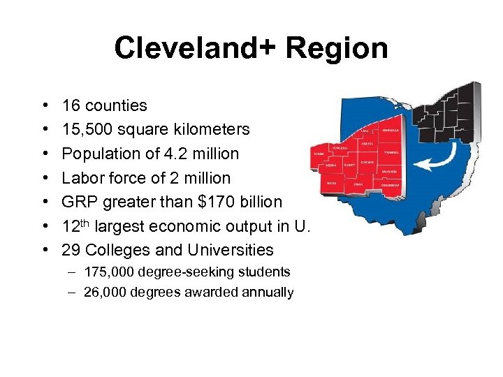 Cleveland+ Region • • 16 counties 15, 500 square kilometers Population of 4. 2