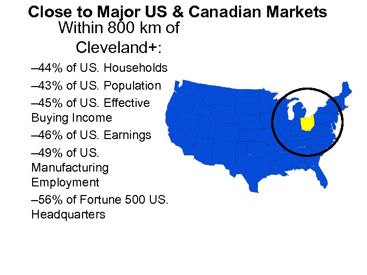 Close to Major US & Canadian Markets Within 800 km of Cleveland+: – 44%