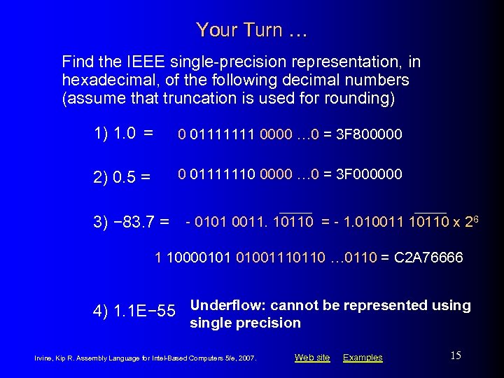 Your Turn … Find the IEEE single-precision representation, in hexadecimal, of the following decimal