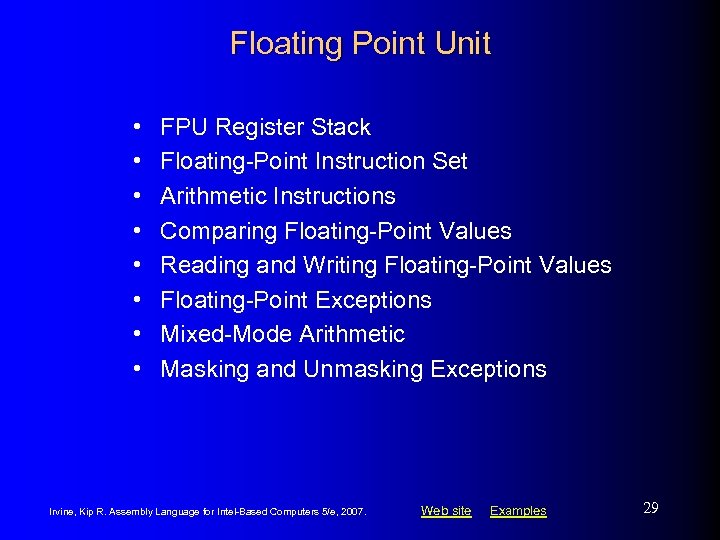 Floating Point Unit • • FPU Register Stack Floating-Point Instruction Set Arithmetic Instructions Comparing