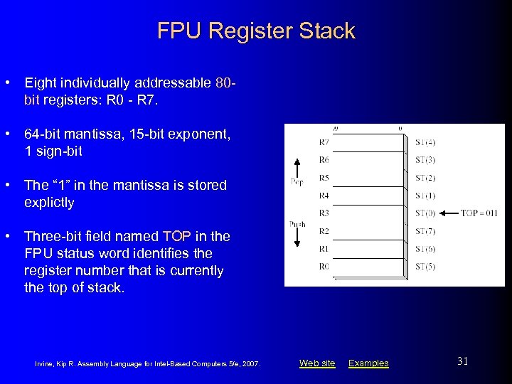 FPU Register Stack • Eight individually addressable 80 bit registers: R 0 - R