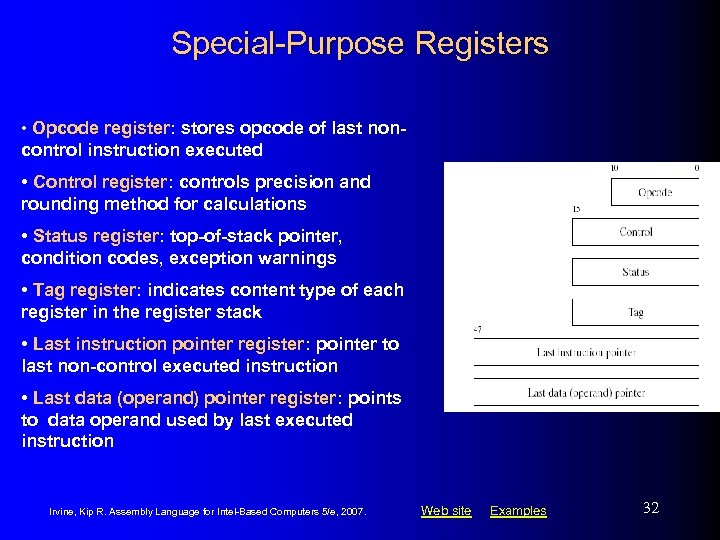 Special-Purpose Registers • Opcode register: stores opcode of last non- control instruction executed •