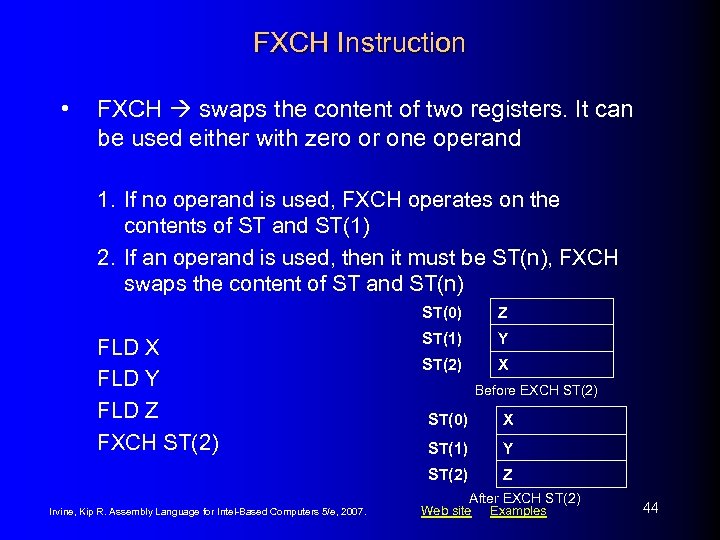 FXCH Instruction • FXCH swaps the content of two registers. It can be used