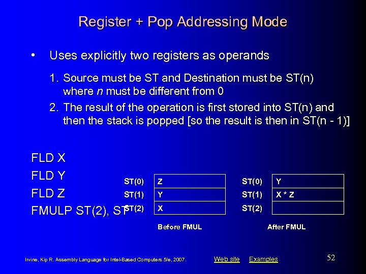 Register + Pop Addressing Mode • Uses explicitly two registers as operands 1. Source