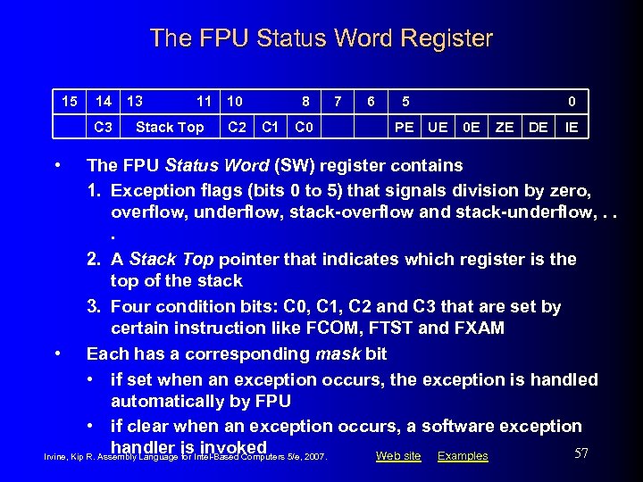 The FPU Status Word Register 15 14 C 3 • 13 11 10 Stack