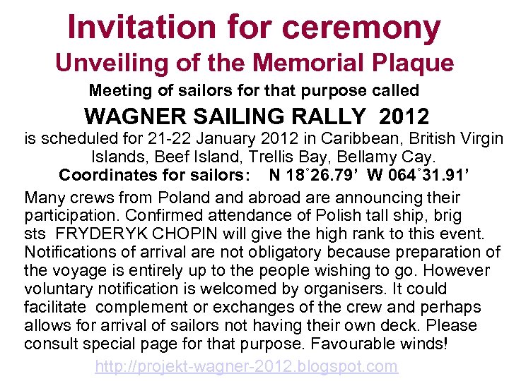 Invitation for ceremony Unveiling of the Memorial Plaque Meeting of sailors for that purpose