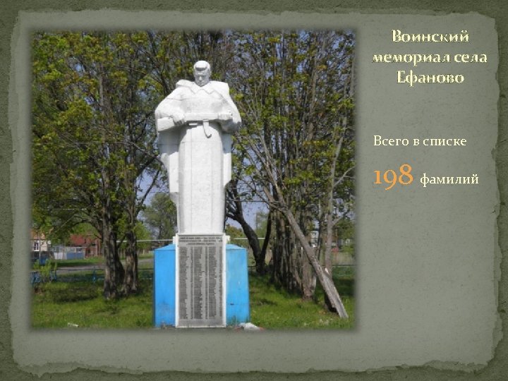 Воинский мемориал села Ефаново Всего в списке 198 фамилий 