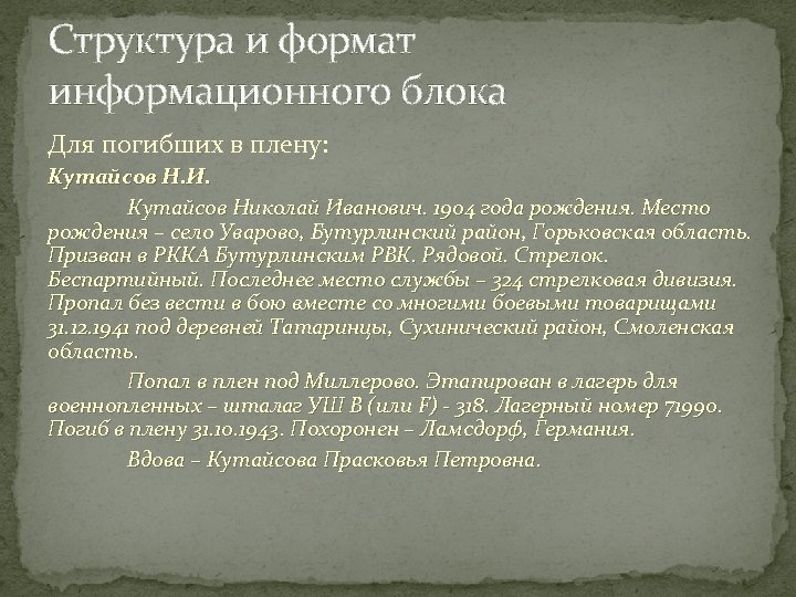 Структура и формат информационного блока Для погибших в плену: Кутайсов Н. И. Кутайсов Николай