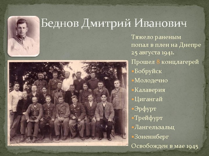 Беднов Дмитрий Иванович Тяжело раненым попал в плен на Днепре 25 августа 1941. Прошел