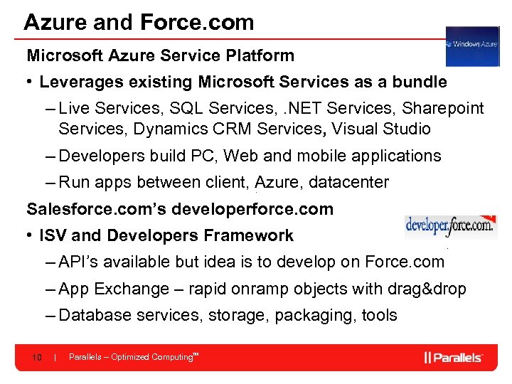 Azure and Force. com Microsoft Azure Service Platform • Leverages existing Microsoft Services as