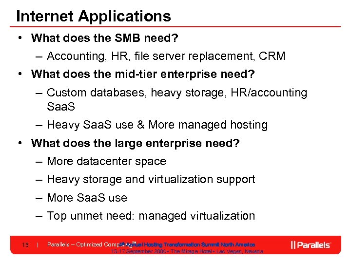 Internet Applications • What does the SMB need? – Accounting, HR, file server replacement,