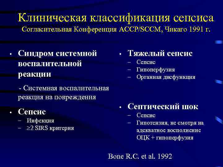 Клиническая классификация сепсиса Согласительная Конференция ACCP/SCCM, Чикаго 1991 г. • Синдром системной воспалительной реакции
