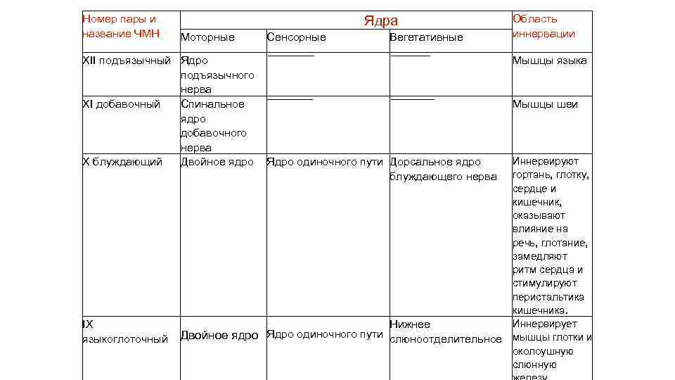 Номер пары и название ЧМН Ядра Моторные Область иннервации Сенсорные Вегетативные —————— —————- Мышцы