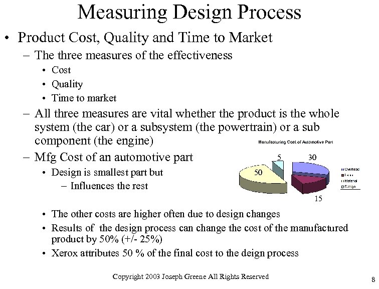 Measuring Design Process • Product Cost, Quality and Time to Market – The three