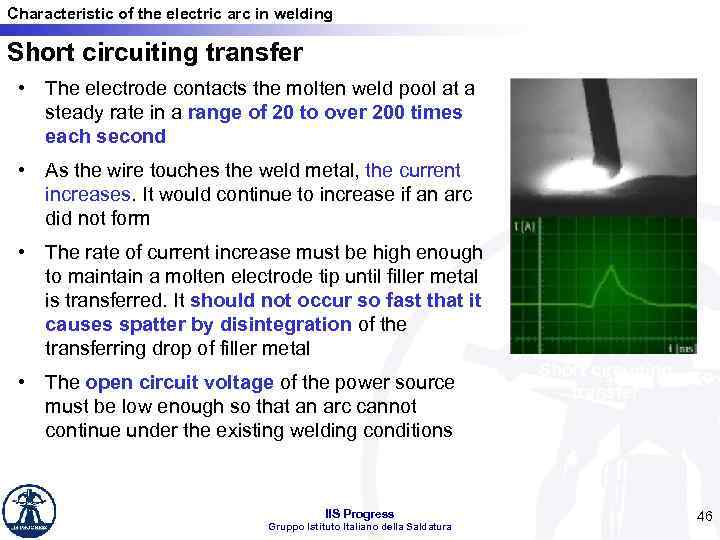 Characteristic of the electric arc in welding Short circuiting transfer • The electrode contacts