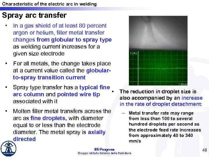 Characteristic of the electric arc in welding Spray arc transfer Spray - arc •