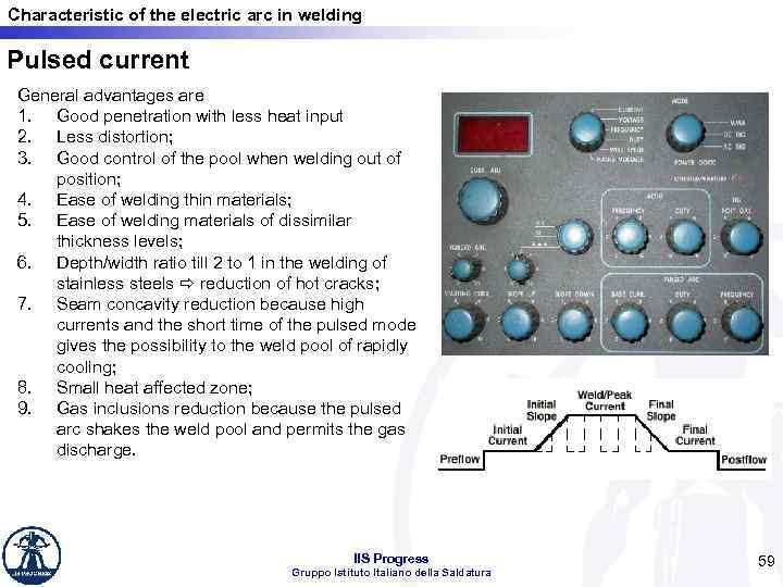 Characteristic of the electric arc in welding Pulsed current General advantages are 1. Good