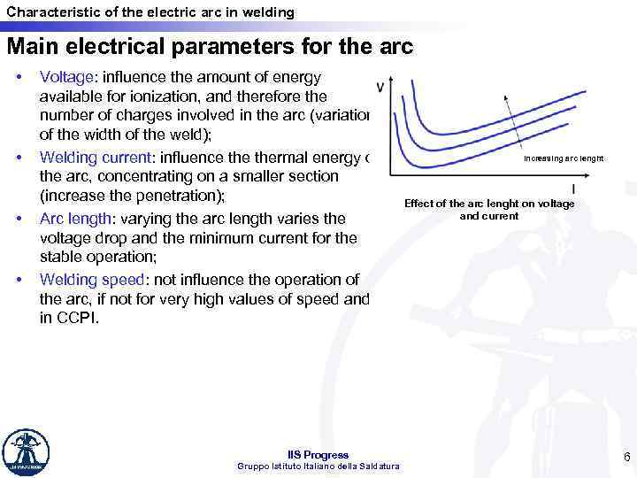 Characteristic of the electric arc in welding Main electrical parameters for the arc •