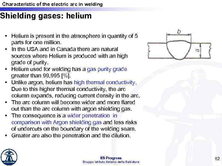 Characteristic of the electric arc in welding Shielding gases: helium • Helium is present